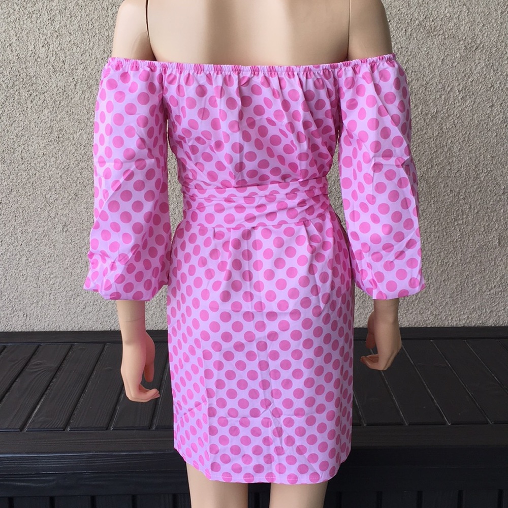 Pink Off Shoulder Polka Dot Big Bow Details Dress - Picture 4 of 5